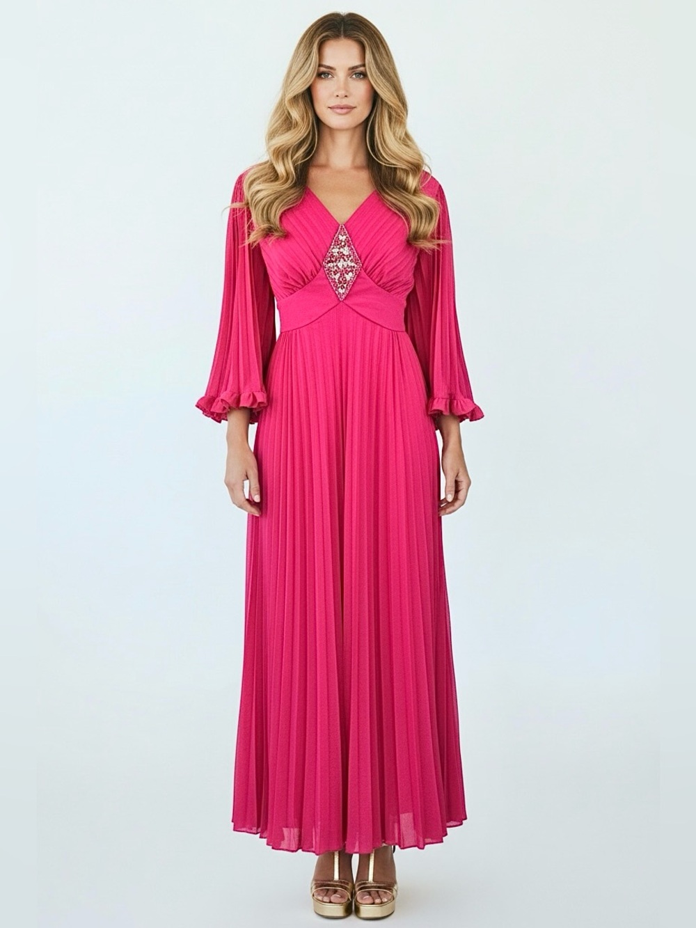 Vintage 70s Hot Pink BELL Sleeve Embellished Maxi Goddess Dress | S M